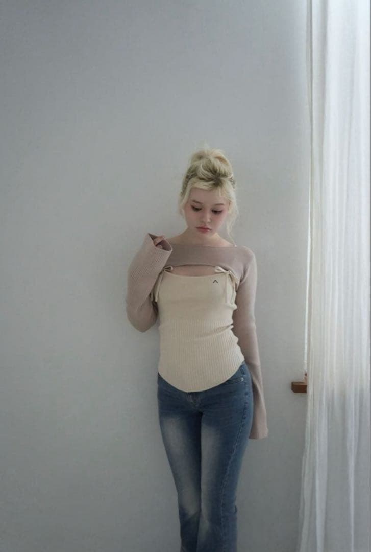 トップス andmary Bebe ribbon set tops beige