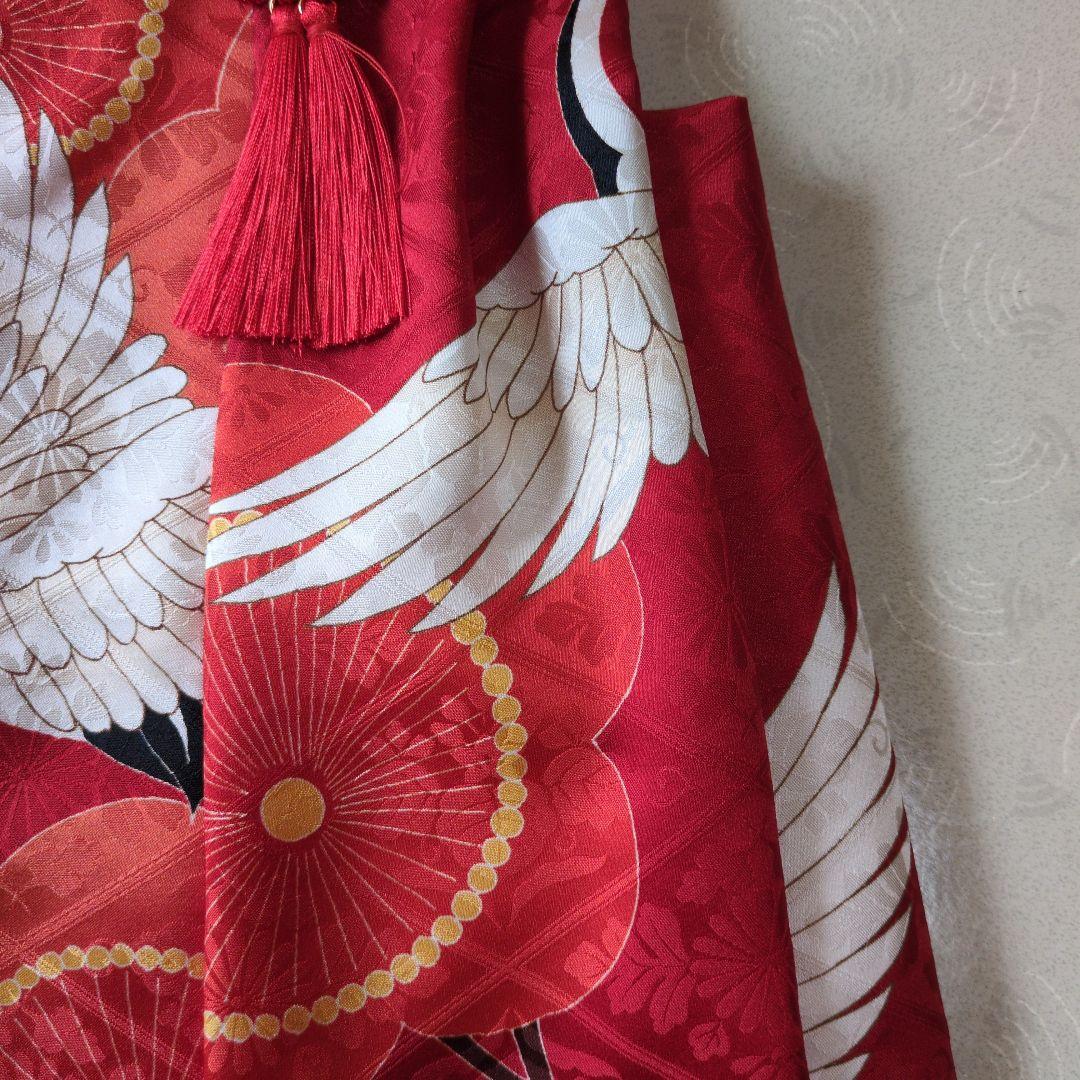 七五三３歳正絹手縫いの被布（中綿無し）赤色鶴柄