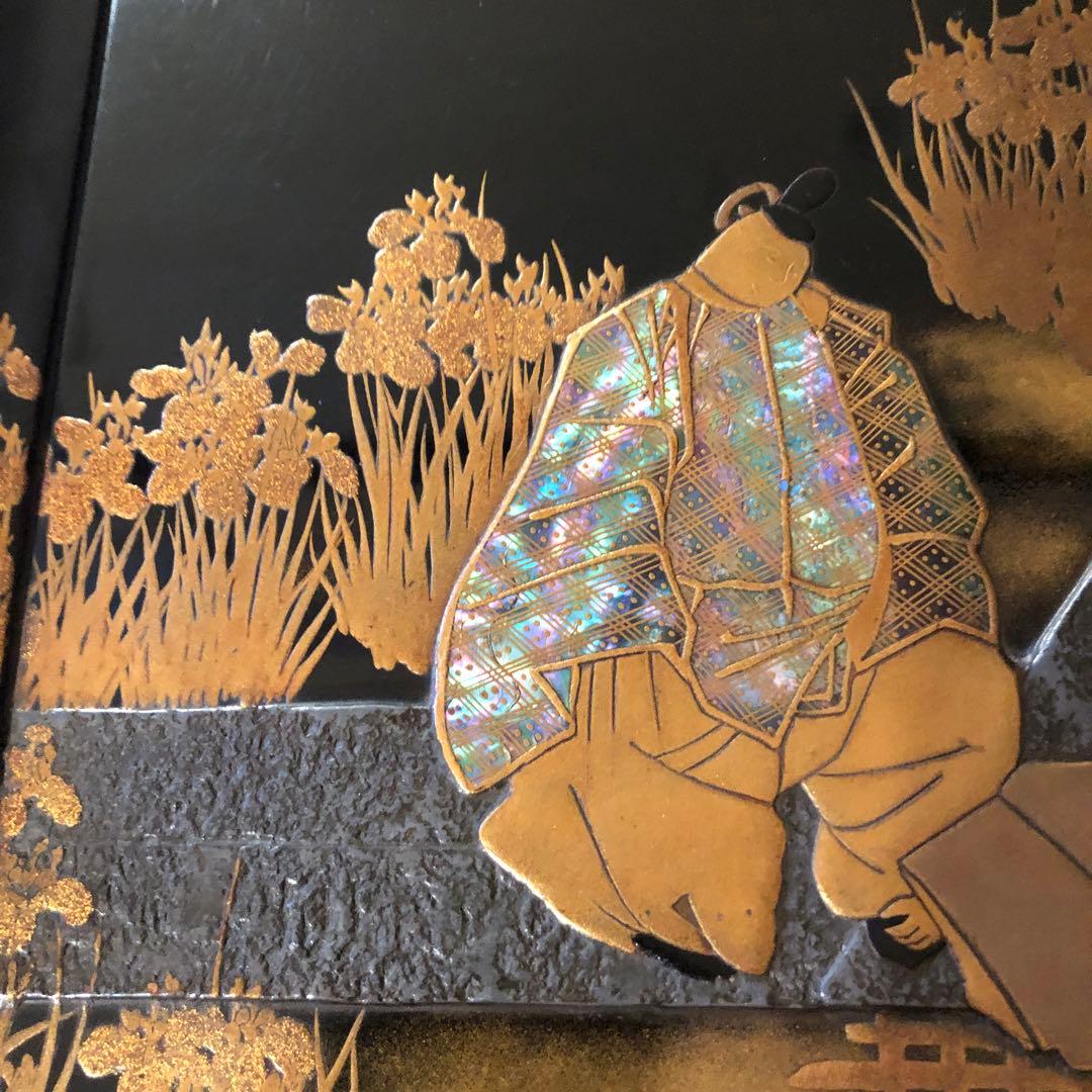 木製角盆 時代品　高蒔絵　八橋図盆 木箱付き　25.8センチ　高さ1.5センチ