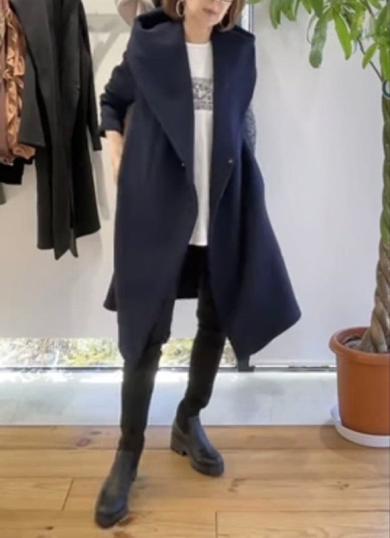 ★イシカワラボ★ネイビー 裏起毛フーディロングコート