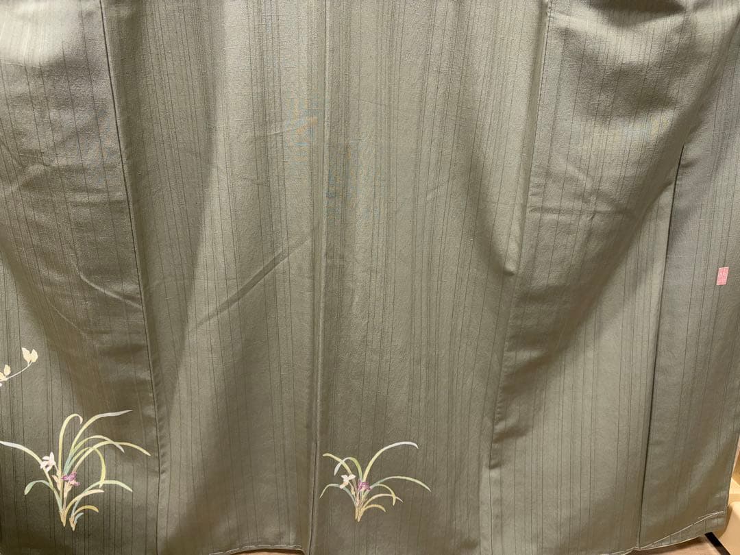 D 美品 十日町友禅 女流作家 遠田藤舟 花模様 緑 紬 正絹 袷 付下げ 着物