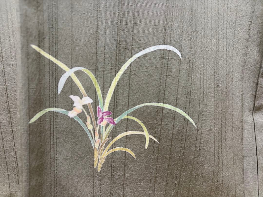 D 美品 十日町友禅 女流作家 遠田藤舟 花模様 緑 紬 正絹 袷 付下げ 着物
