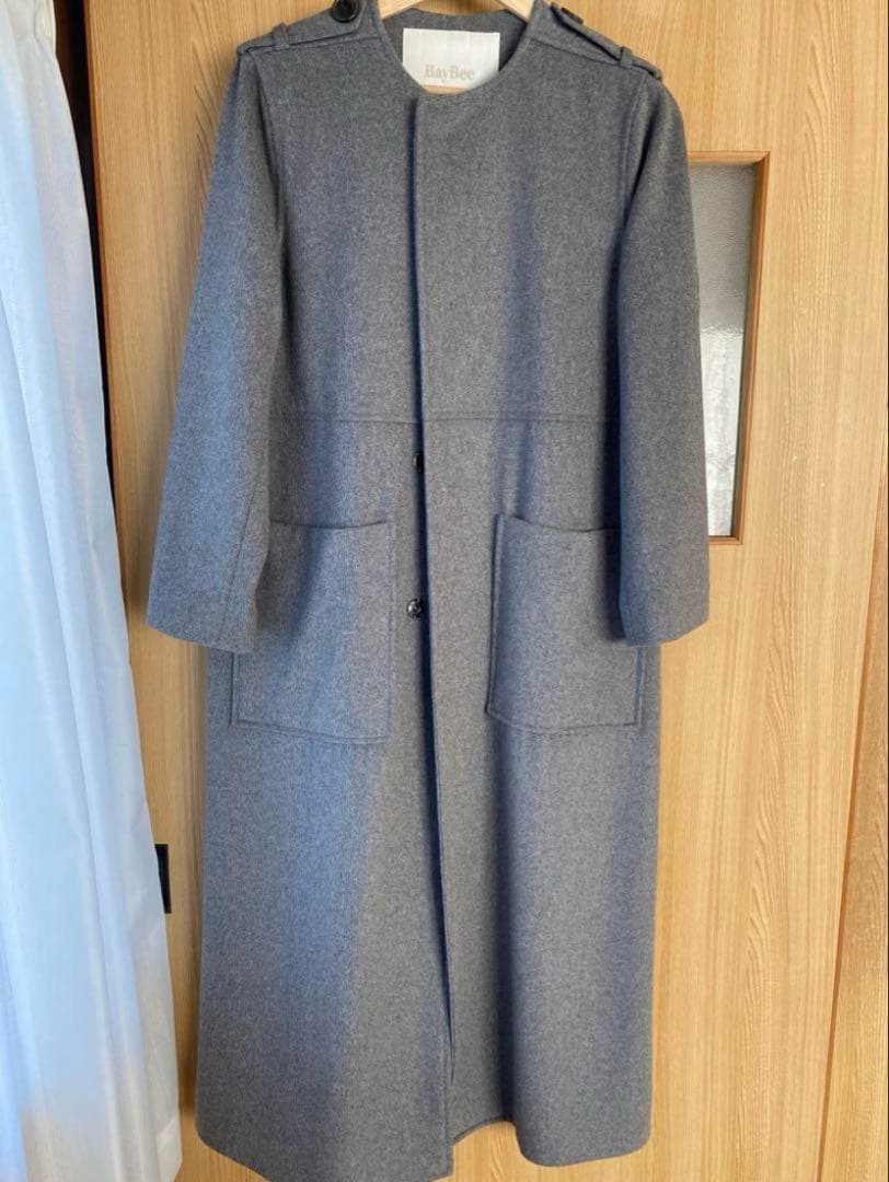 ❤️フォロー割❤️ノーカラーウールロングコート　グレー　M