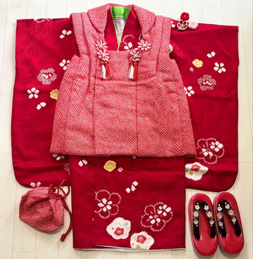 七五三　正絹　3歳　総絞り　被布　一つ身　フルセット