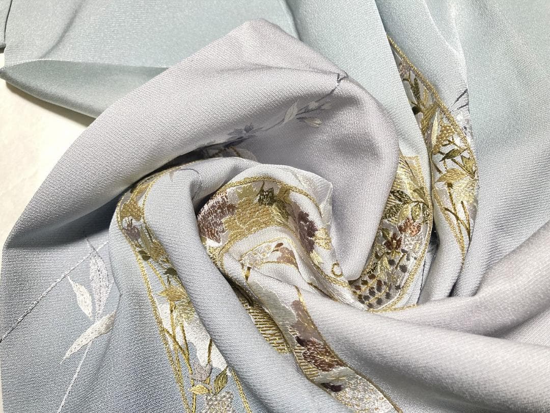 総刺繍 やまと誂製 熨斗 訪問着 袷 正絹 水色 グレー 紫 青 白藍 1395