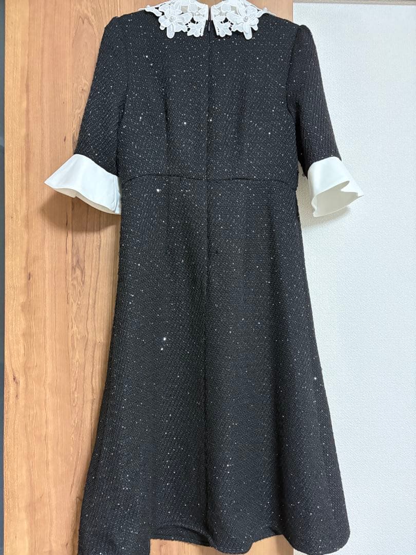 【LEJA】花柄レースカラースパンコールAラインワンピースドレス ブラックS