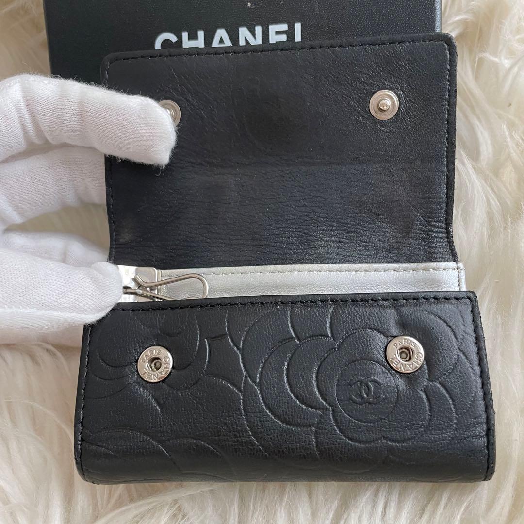 シャネル CHANEL キーケース カードケース カメリア 黒 シルバー