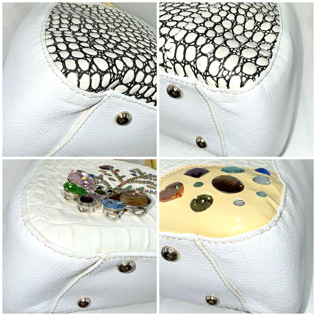 ✨良品✨ ミケランジェロ ビジュー 装飾 型押しレザー トート ハンドバッグ