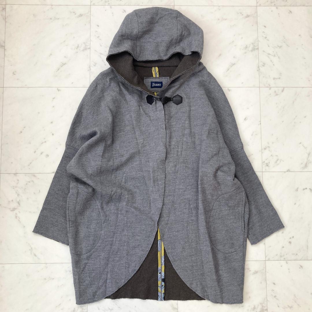 ヘルノ　HERNO ウールニットポンチョ　ケープ　フード付き　42　グレー