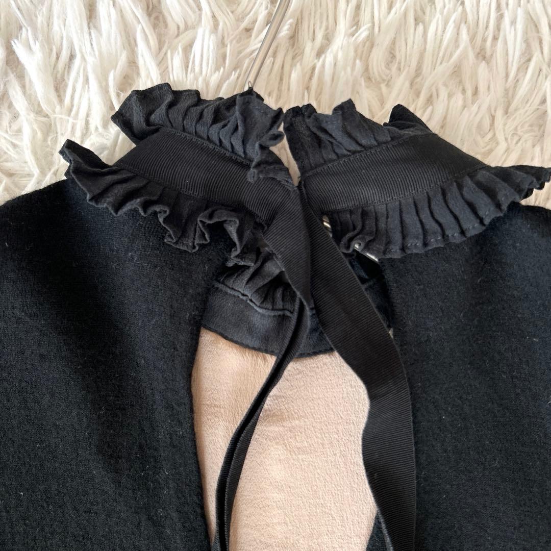 FENDIフェンディ　 ウールハイネックチュニック フリル透かしメッシュ刺繍