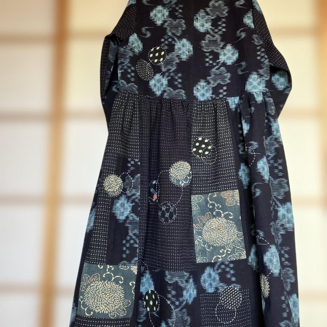 絣リメイク　　Mサイズ刺し子＆アップリケ　シンプルワンピース　ギャザースカート