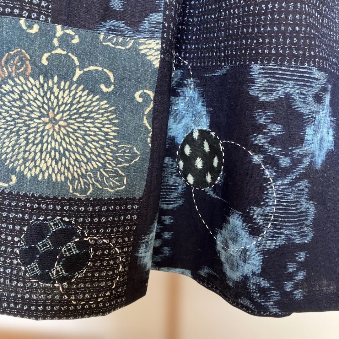 絣リメイク　　Mサイズ刺し子＆アップリケ　シンプルワンピース　ギャザースカート