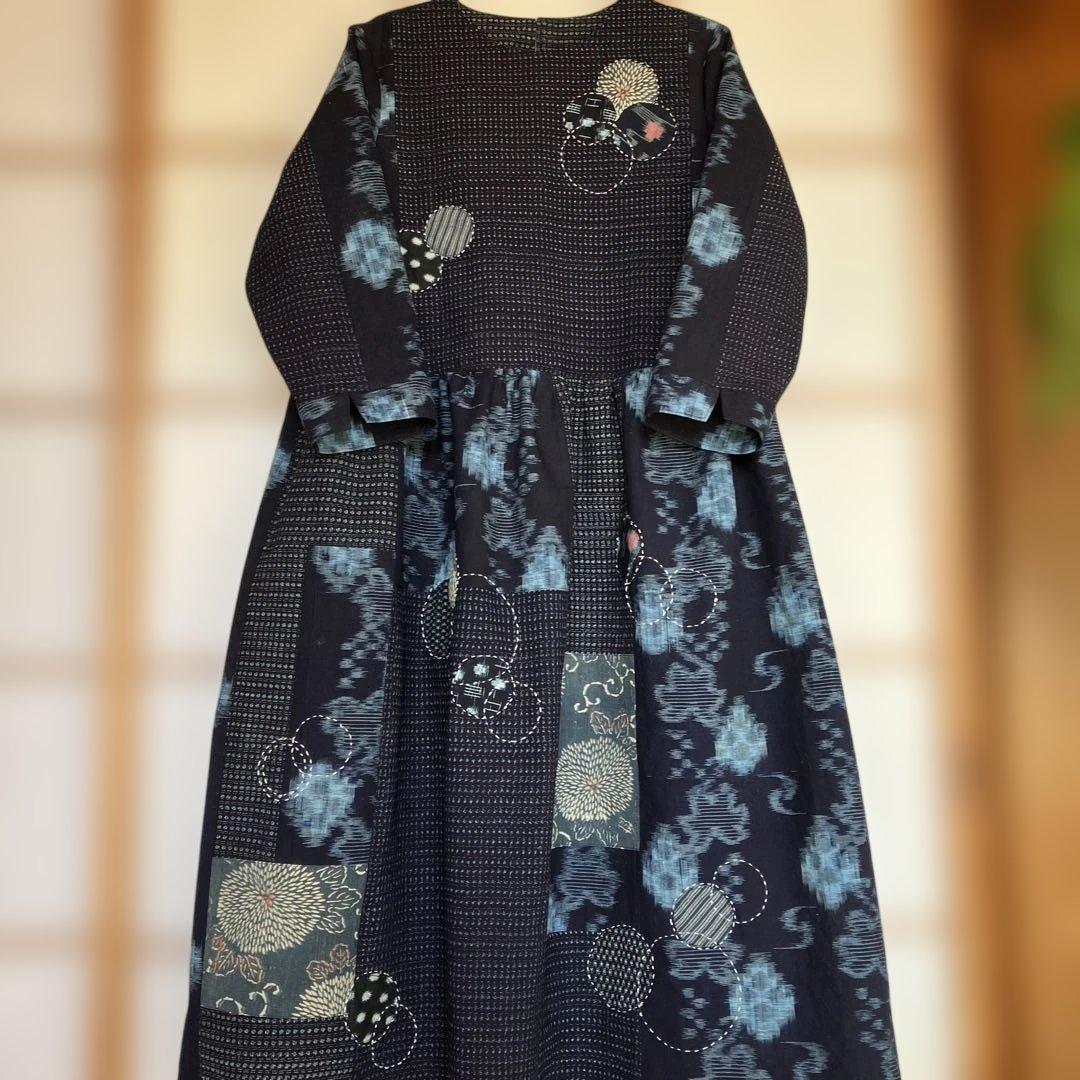 絣リメイク　　Mサイズ刺し子＆アップリケ　シンプルワンピース　ギャザースカート