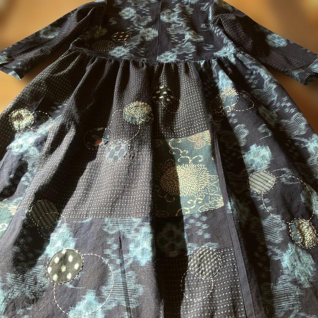 絣リメイク　　Mサイズ刺し子＆アップリケ　シンプルワンピース　ギャザースカート