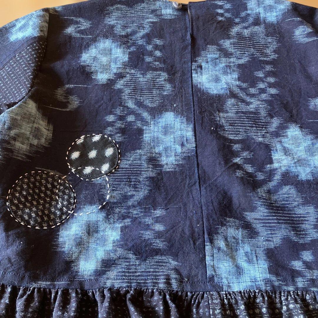 絣リメイク　　Mサイズ刺し子＆アップリケ　シンプルワンピース　ギャザースカート