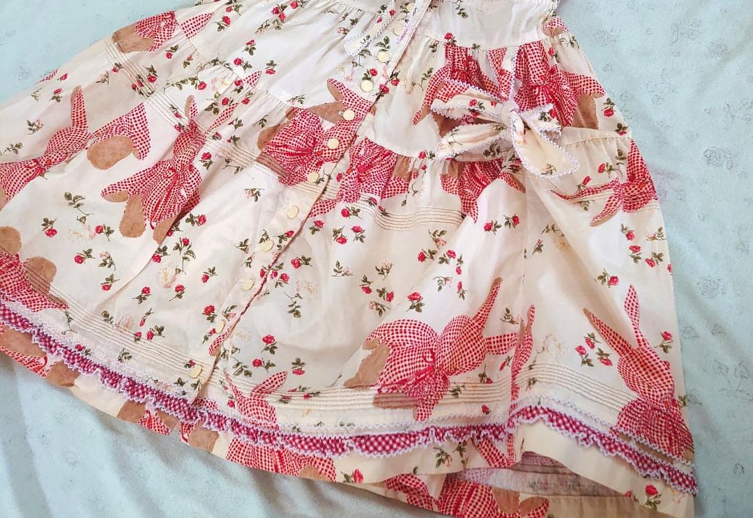 美品　ワンダフルワールド子供服 (130)　ギンガムチェックうさぎ柄ワンピース