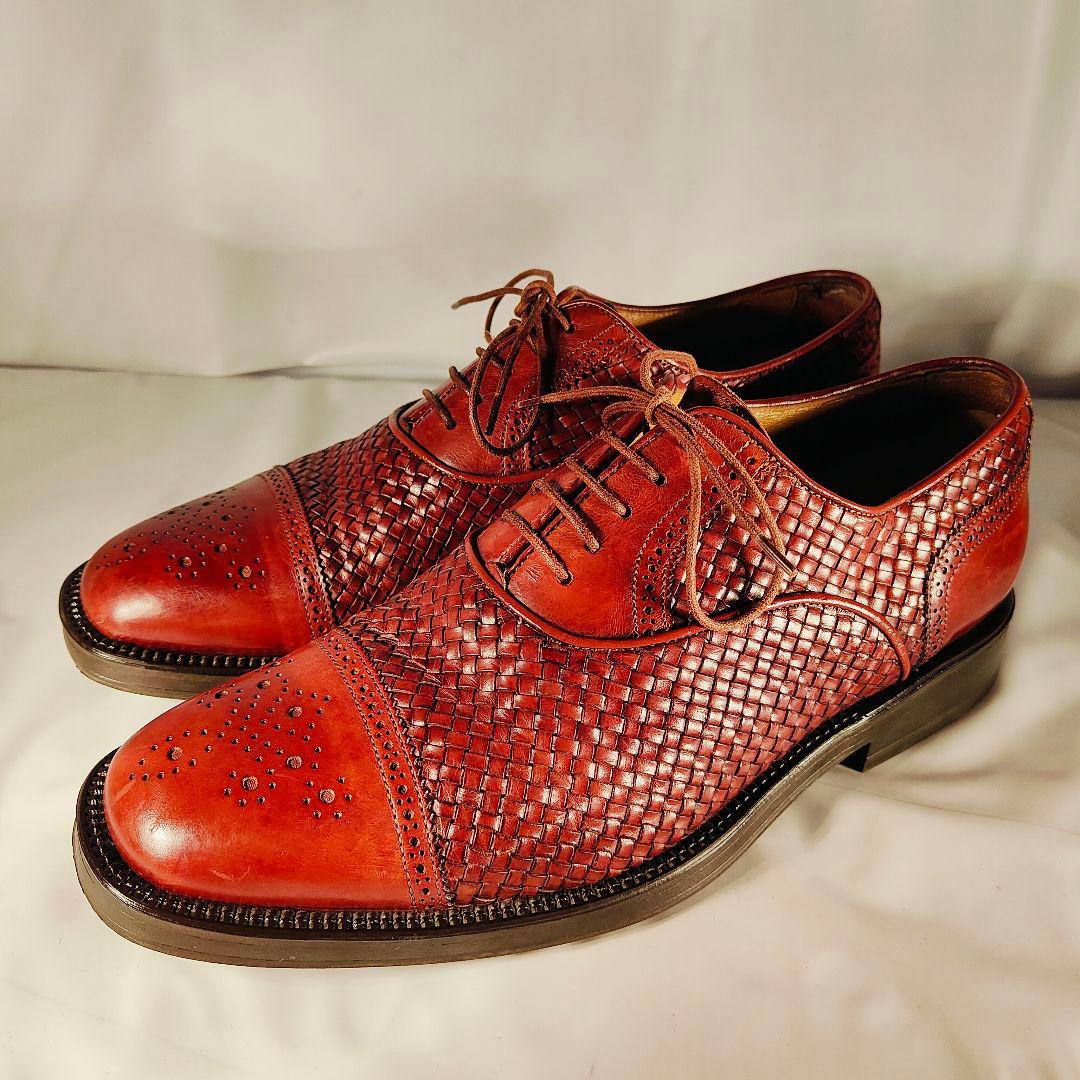 【美品】Santoni イタリア製 正規品　編込み×バーガンディ 紳士高級革靴