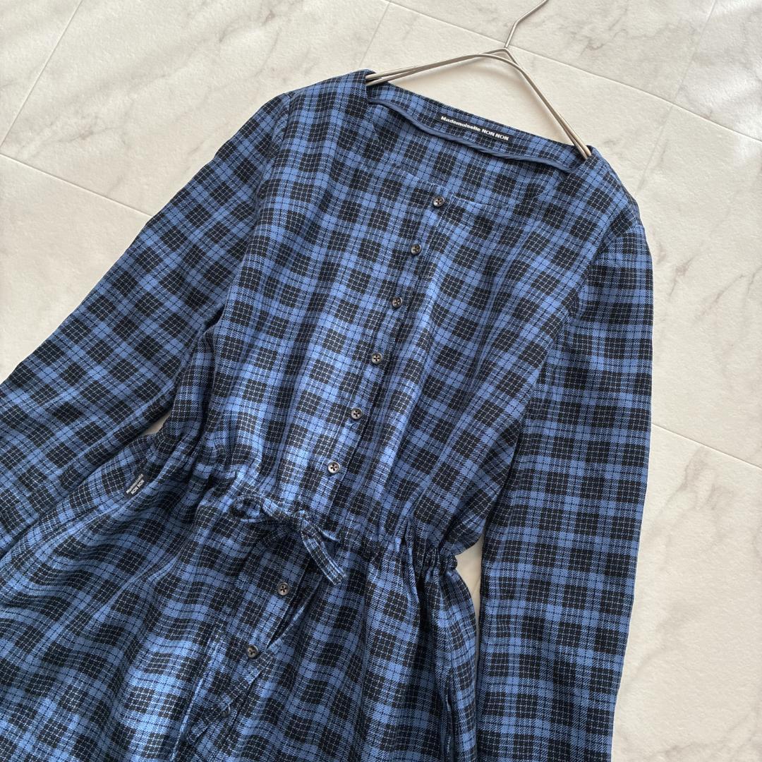 マドモアゼルノンノン♡ウール100% チェック シャツワンピース 日本製 青