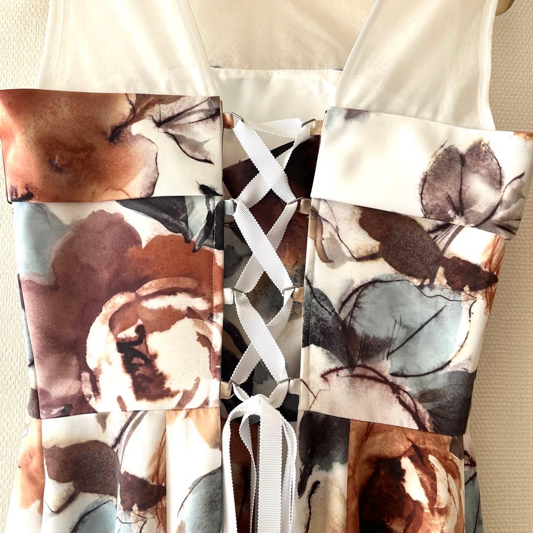 美品AIMER エメ ロングドレス 9号 ブラウン薔薇柄Aライン演奏会 ステージ