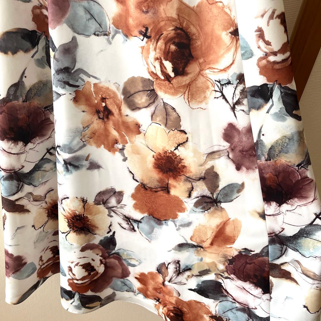 美品AIMER エメ ロングドレス 9号 ブラウン薔薇柄Aライン演奏会 ステージ