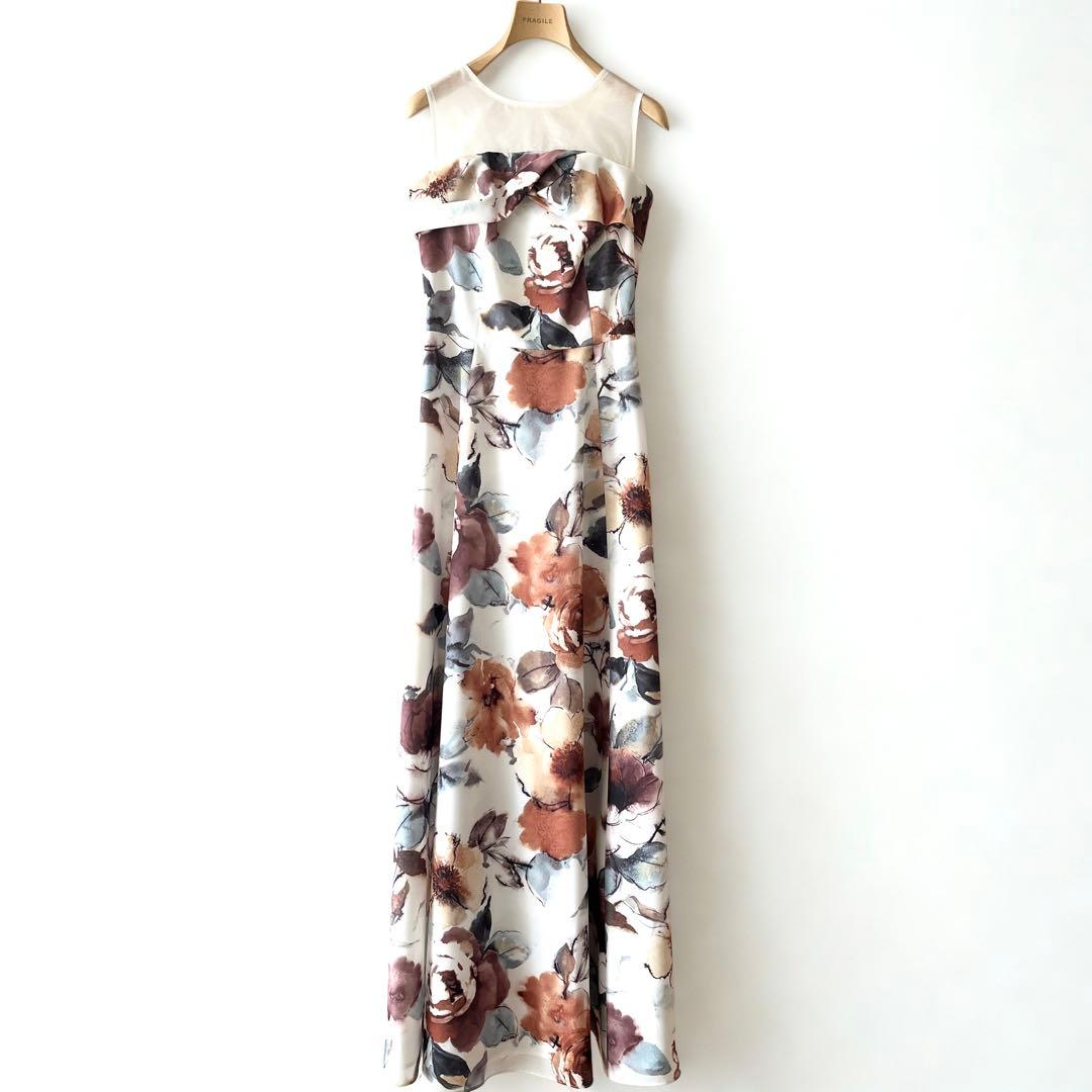 美品AIMER エメ ロングドレス 9号 ブラウン薔薇柄Aライン演奏会 ステージ