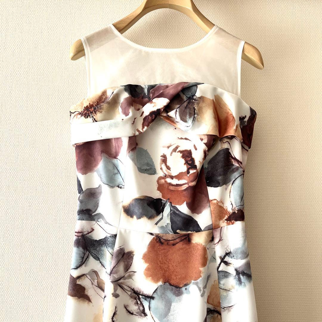 美品AIMER エメ ロングドレス 9号 ブラウン薔薇柄Aライン演奏会 ステージ