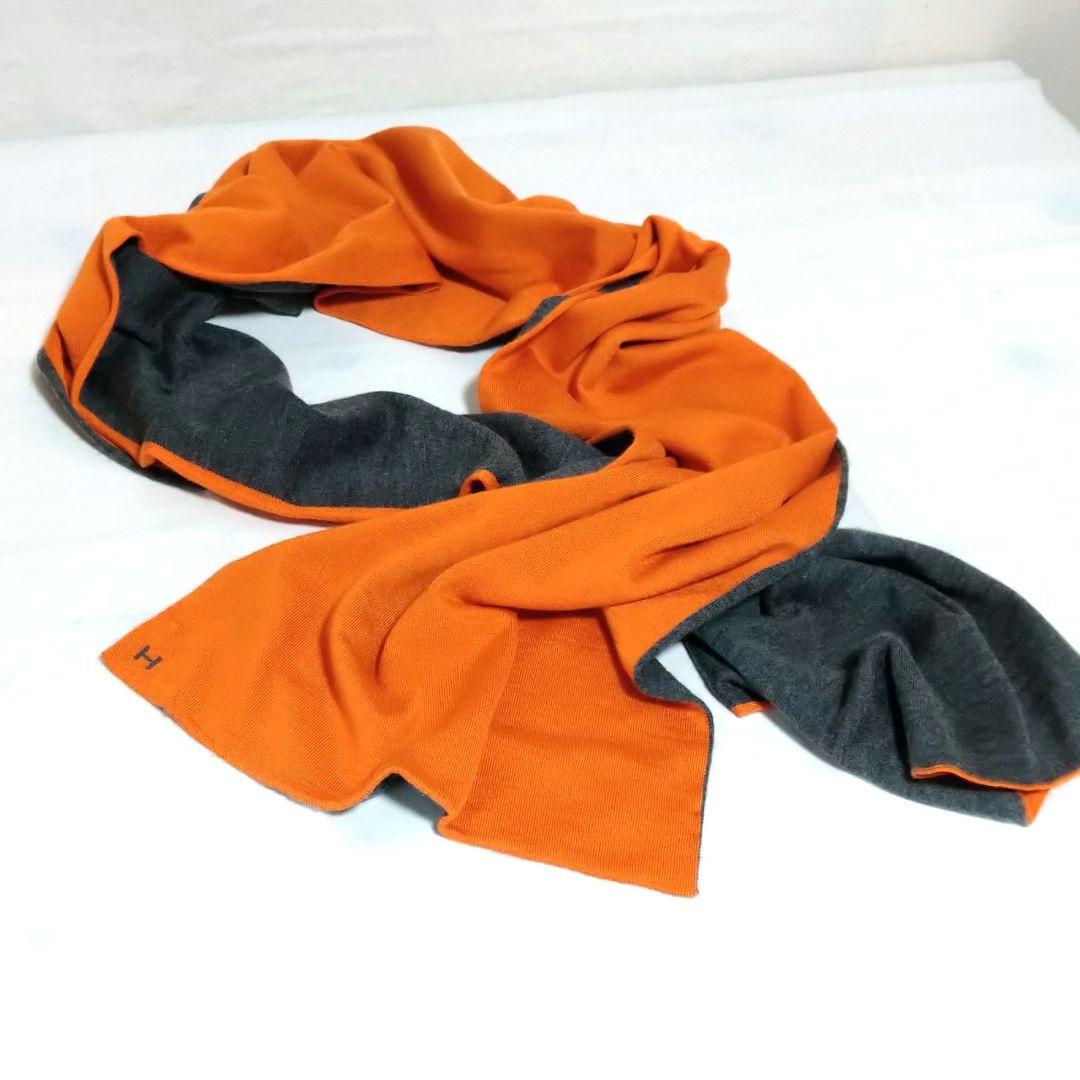 HERMES エルメスオレンジ Hロゴ カシミヤ シルク マフラー なめらか