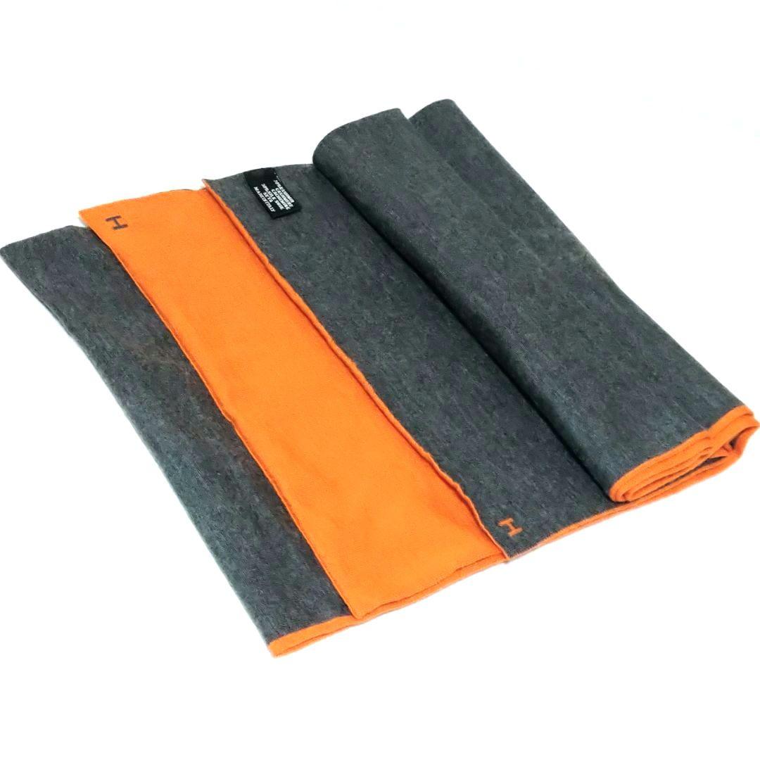 HERMES エルメスオレンジ Hロゴ カシミヤ シルク マフラー なめらか