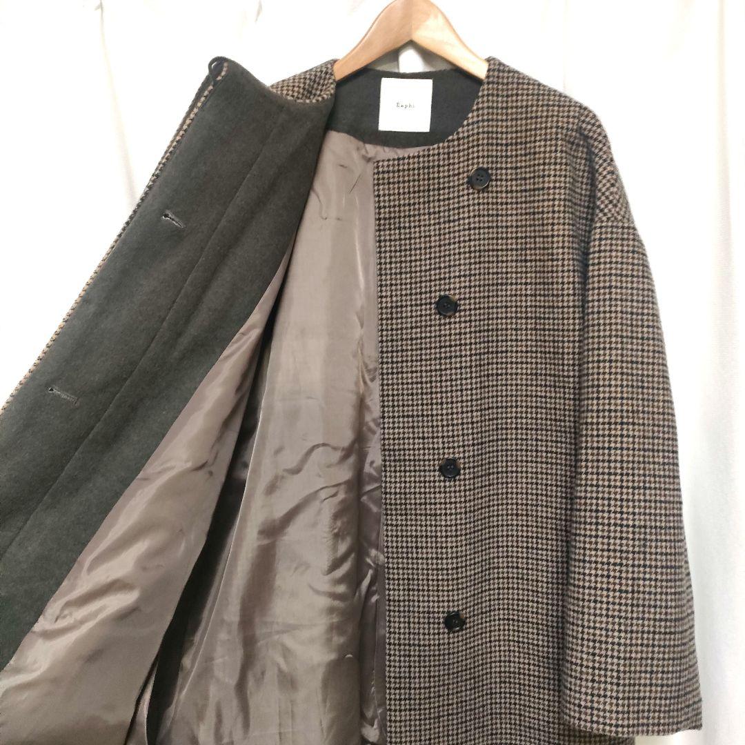 【美品】Eaphi エフィ ノーカラー ウール チェックコート