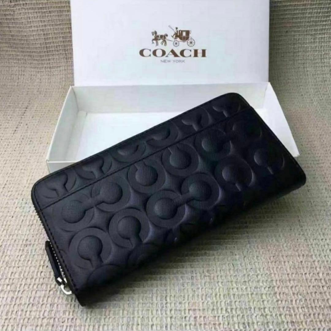 【人気】COACH コーチ 財布 ブラック エンボス加工 オプアート