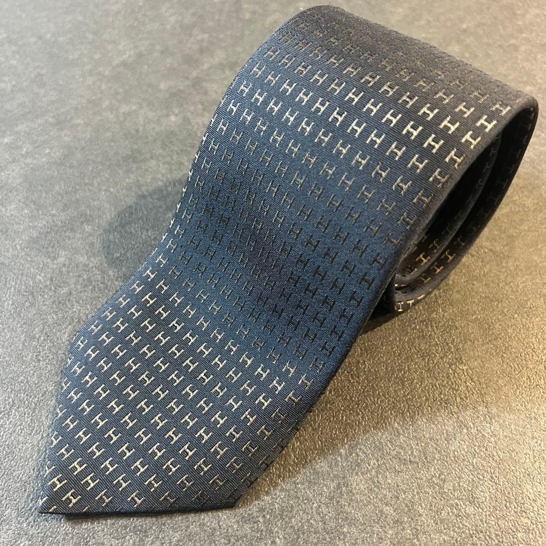 【美品】HERMES　エルメス　ネクタイ　ファソネ　H柄　ネイビー
