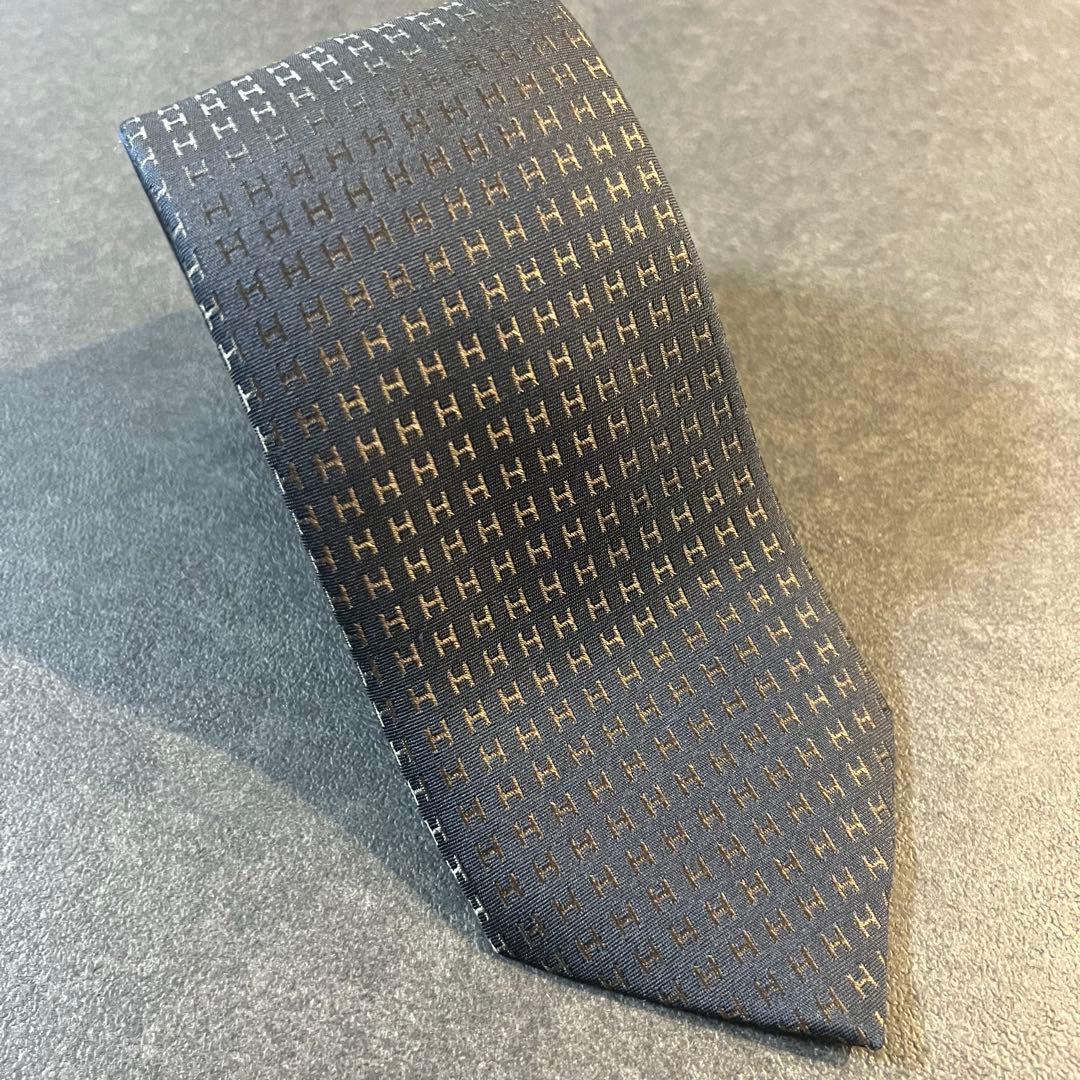 【美品】HERMES　エルメス　ネクタイ　ファソネ　H柄　ネイビー