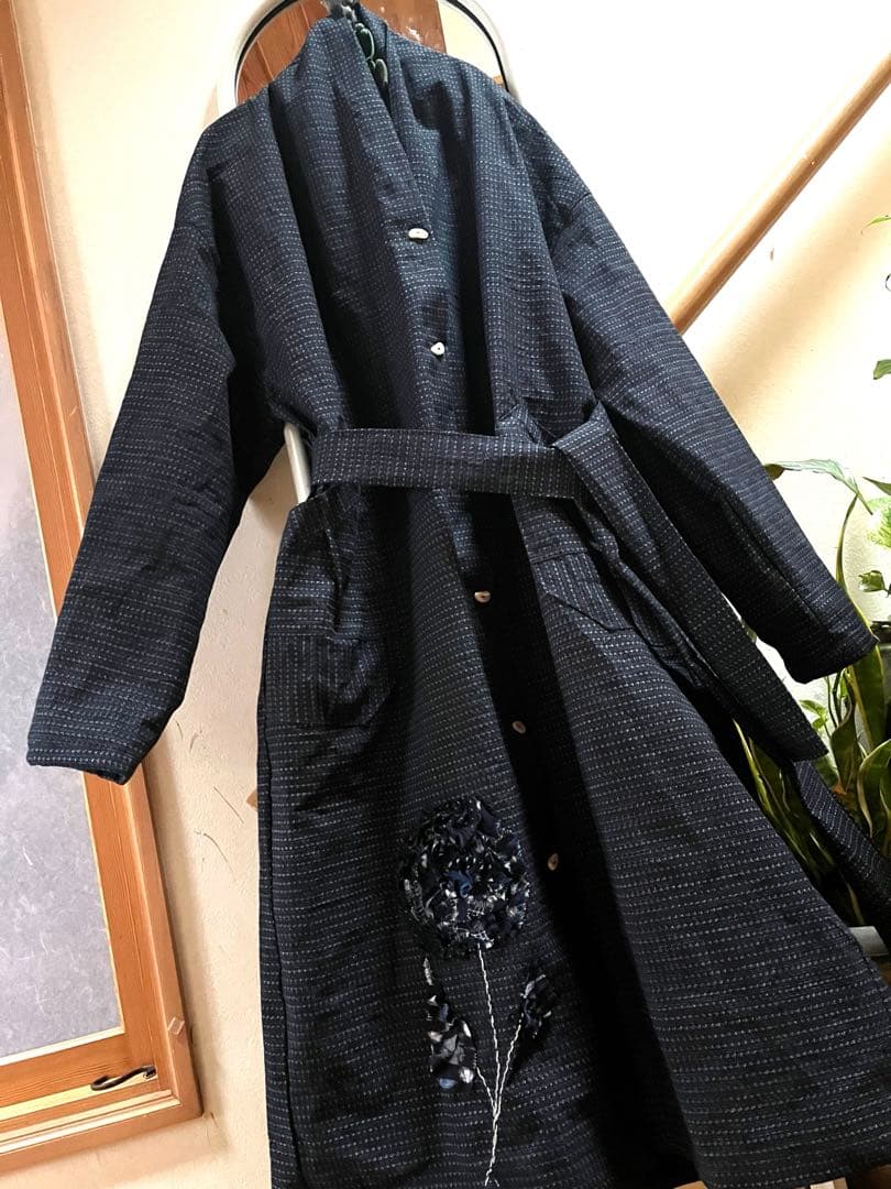 着物リメイク　久留米絣反物　ワンピース　チュニック　コート　花飾り　ハンドメイド
