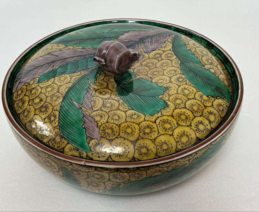 江戸時代後期 明治 吉田屋窯 古九谷様式 青手九谷 色絵芭蕉文 蓋付鉢