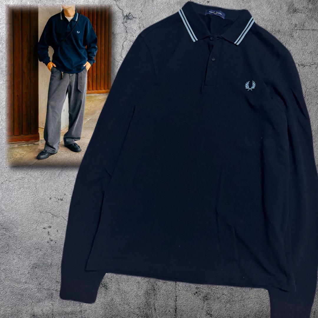 未使用に近い フレッドペリー ロングスリーブ ポロシャツ ブラック×スカイブルー