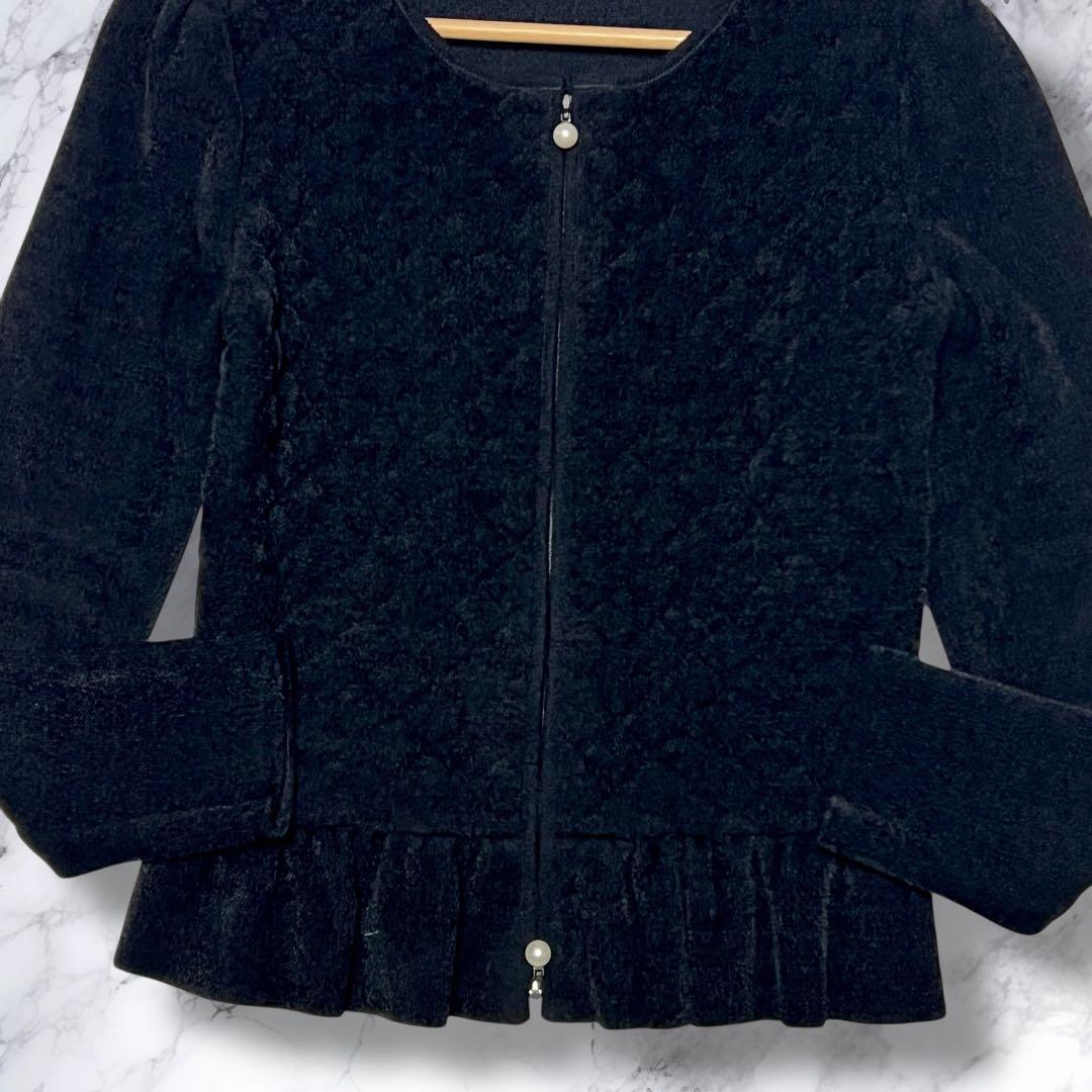 未使用級✨ルネ パール ジップ ノーカラー フリル ジャケット ブラック ニット