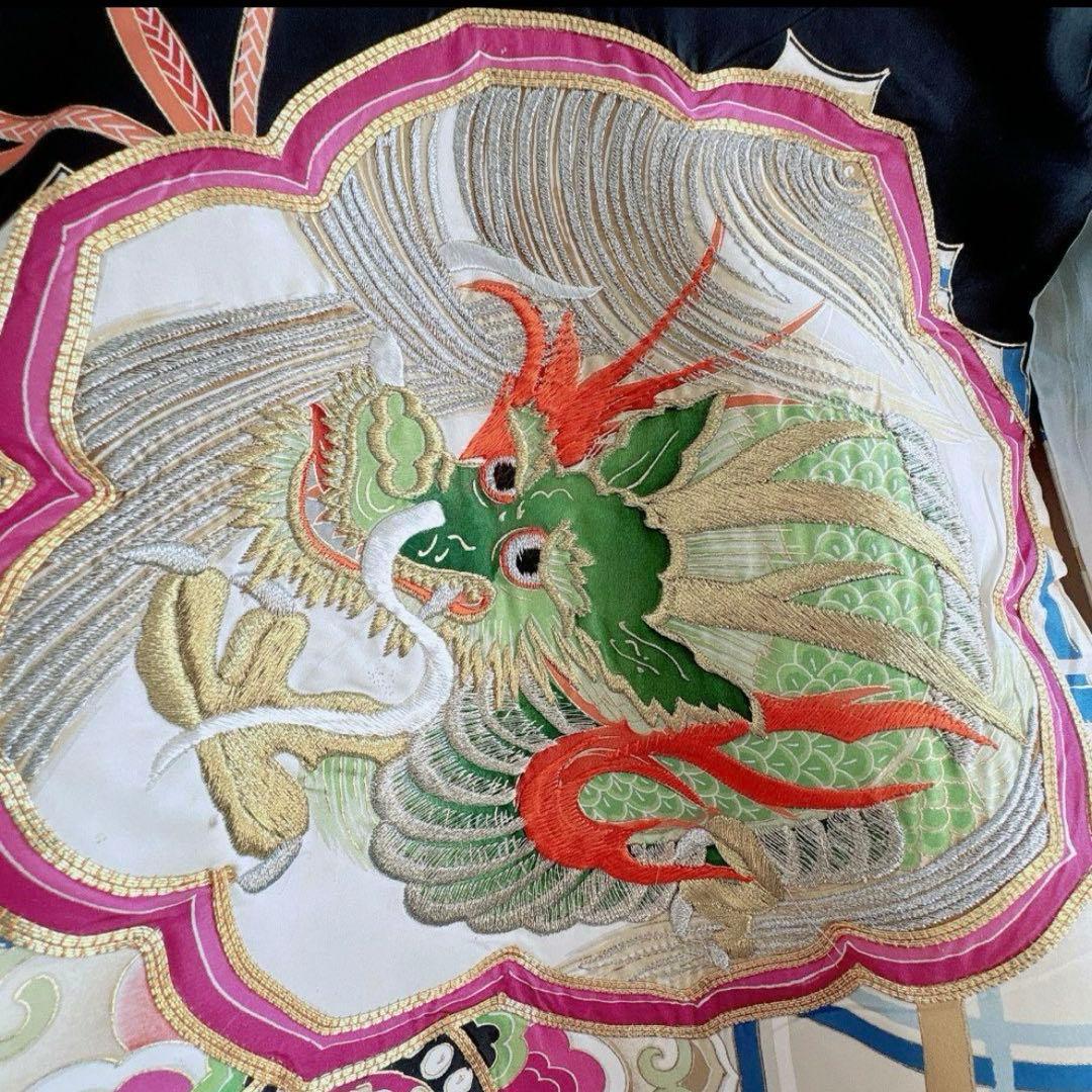 美品　豪華刺繍　お宮参り　産着　祝着　0歳　男の子　黒　龍　長襦袢なし　735