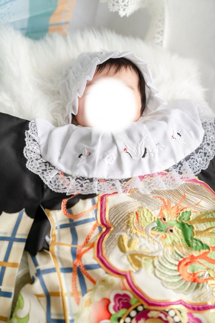 美品　豪華刺繍　お宮参り　産着　祝着　0歳　男の子　黒　龍　長襦袢なし　735