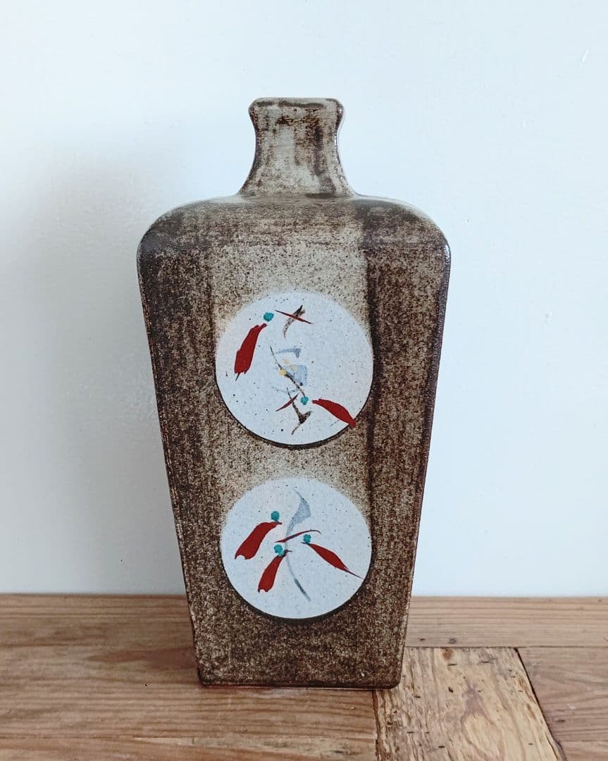 明石庄作 濱田庄司の弟子 赤絵花瓶 益子焼 角瓶 民芸 民藝