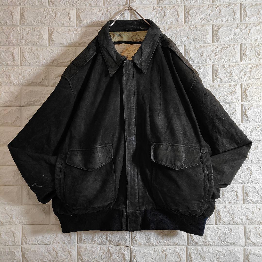 地図柄 裏地 A2 本革 フライトレザージャケット つや消し ブラック 2XL