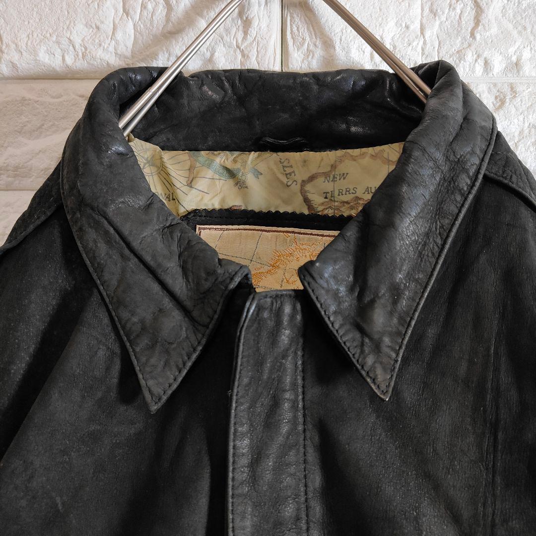 地図柄 裏地 A2 本革 フライトレザージャケット つや消し ブラック 2XL