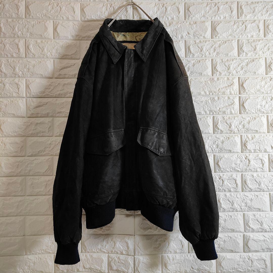 地図柄 裏地 A2 本革 フライトレザージャケット つや消し ブラック 2XL