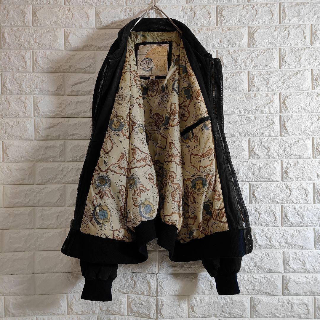 地図柄 裏地 A2 本革 フライトレザージャケット つや消し ブラック 2XL