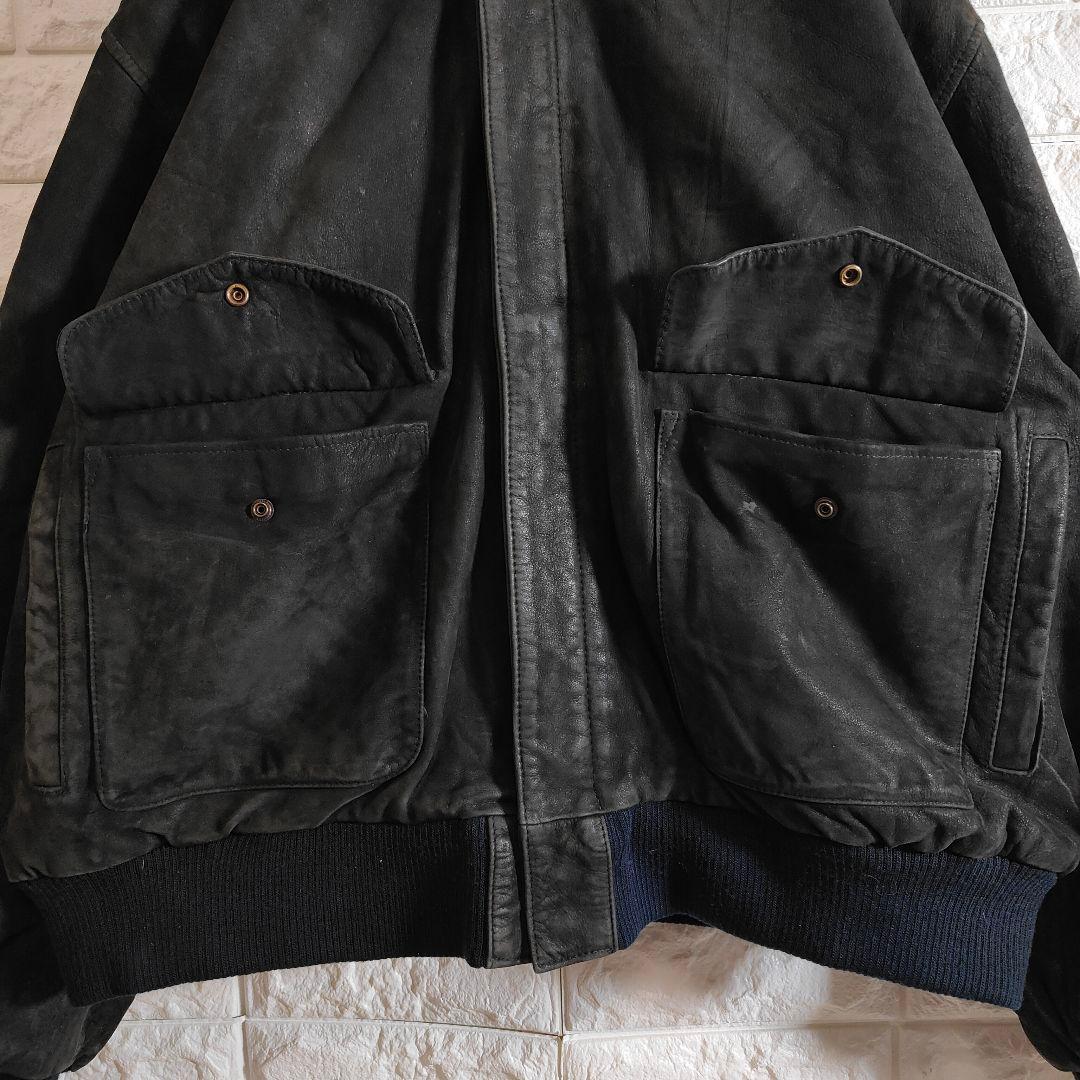 地図柄 裏地 A2 本革 フライトレザージャケット つや消し ブラック 2XL