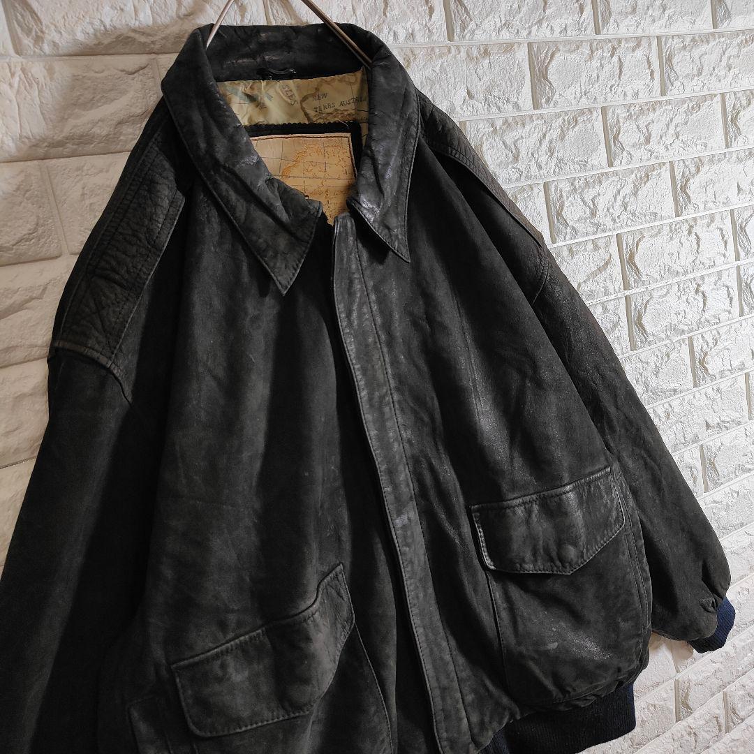 地図柄 裏地 A2 本革 フライトレザージャケット つや消し ブラック 2XL