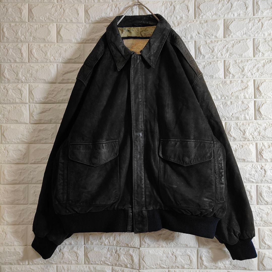 地図柄 裏地 A2 本革 フライトレザージャケット つや消し ブラック 2XL
