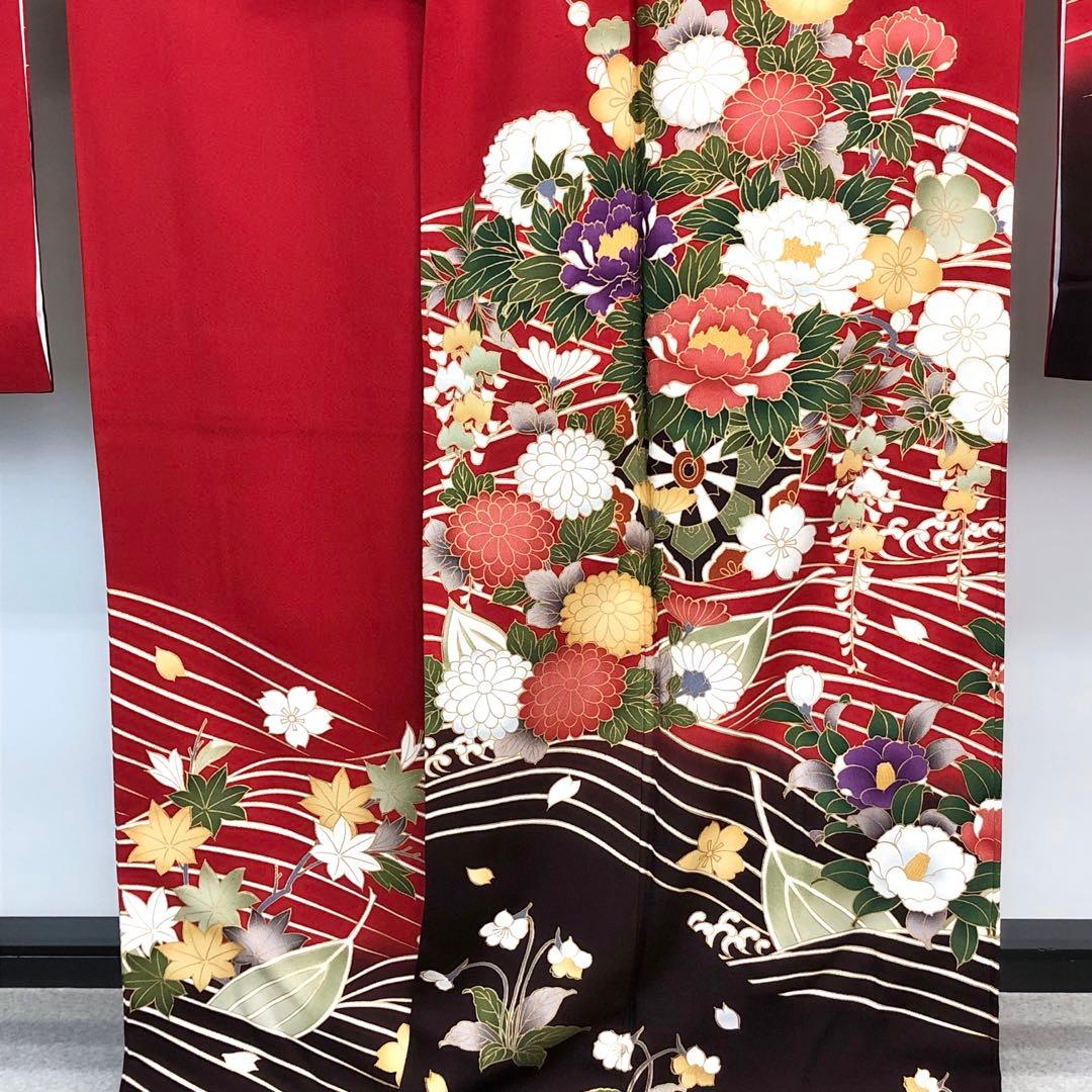 振袖 美しい花柄模様 波模様 金彩 赤色 トールサイズ 縮緬 KK-1869