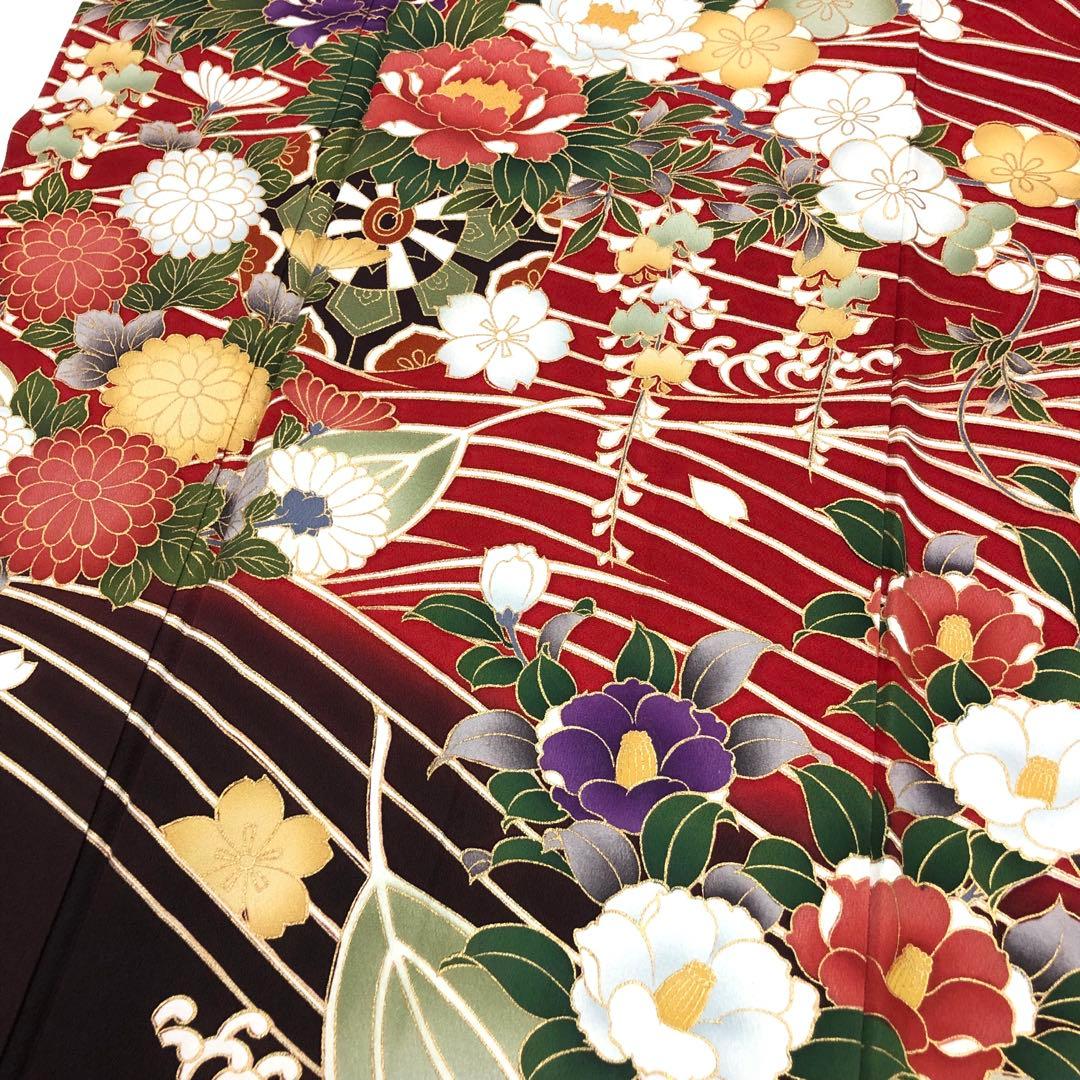 振袖 美しい花柄模様 波模様 金彩 赤色 トールサイズ 縮緬 KK-1869