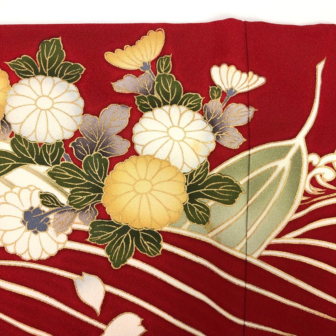 振袖 美しい花柄模様 波模様 金彩 赤色 トールサイズ 縮緬 KK-1869