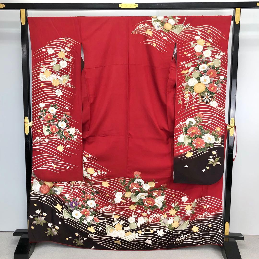 振袖 美しい花柄模様 波模様 金彩 赤色 トールサイズ 縮緬 KK-1869